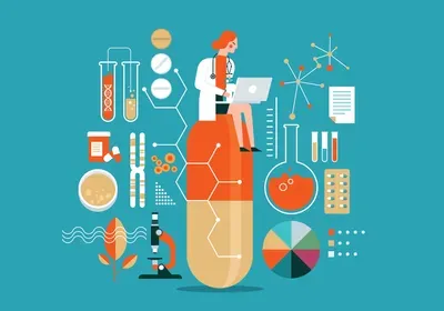 Illustration of a female scientist on a laptop sitting on top a large pill capsule, with science-related imagery around her